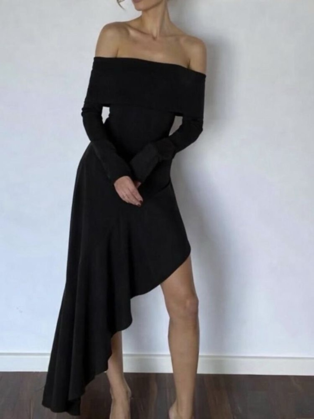 Arcina Ori Bella Off-Shoulder Asymmetric Black Evening Dress